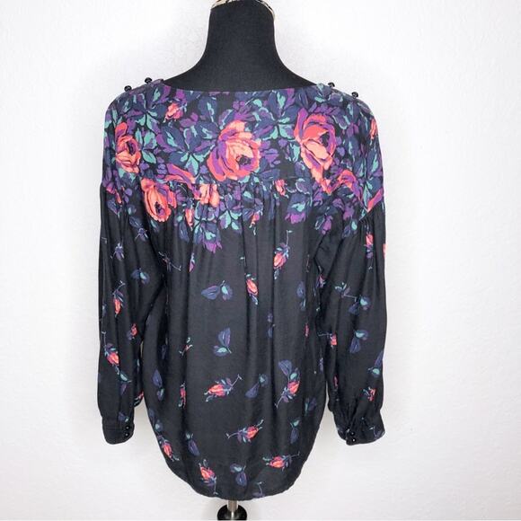 Anthropologie Maeve black pink floral balloon sleeve linen blend top size Medium - Picture 15 of 15